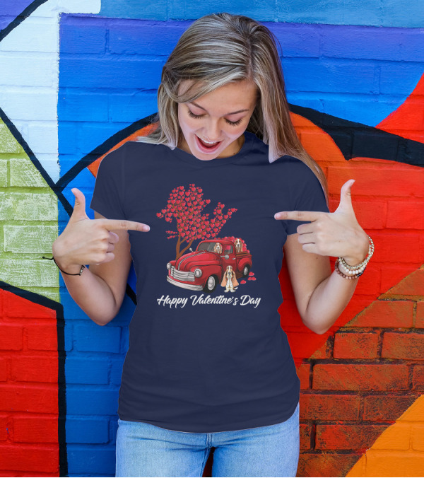 Happy Valentine's Day Basset Hound Dog In Red Truck With Heart Tree T-Shirt