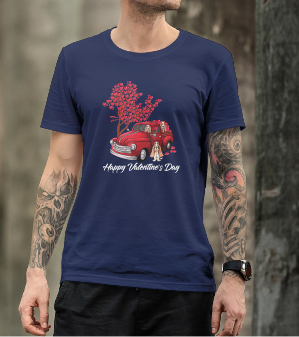 Happy Valentine's Day Basset Hound Dog In Red Truck With Heart Tree T-Shirt