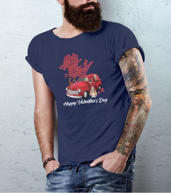 Happy Valentine's Day Basset Hound Dog In Red Truck With Heart Tree T-Shirt