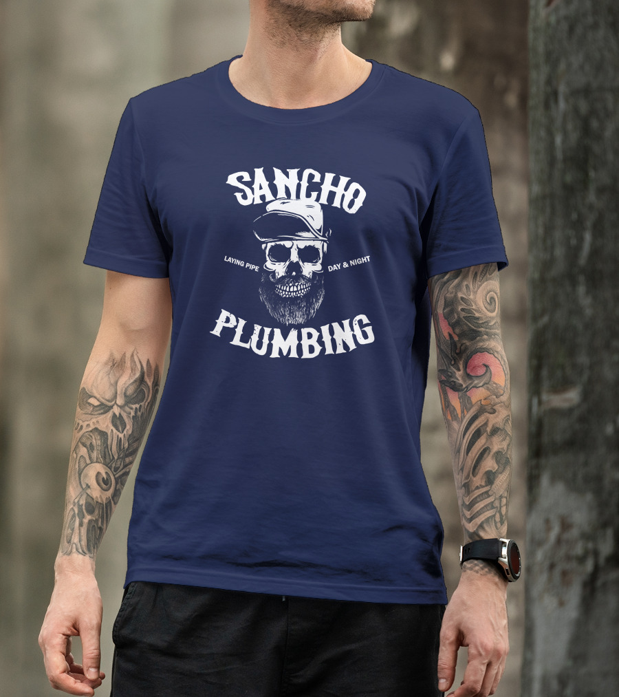 Sancho Laying Pipe Day And Night Skull Design Plumbing T-Shirt