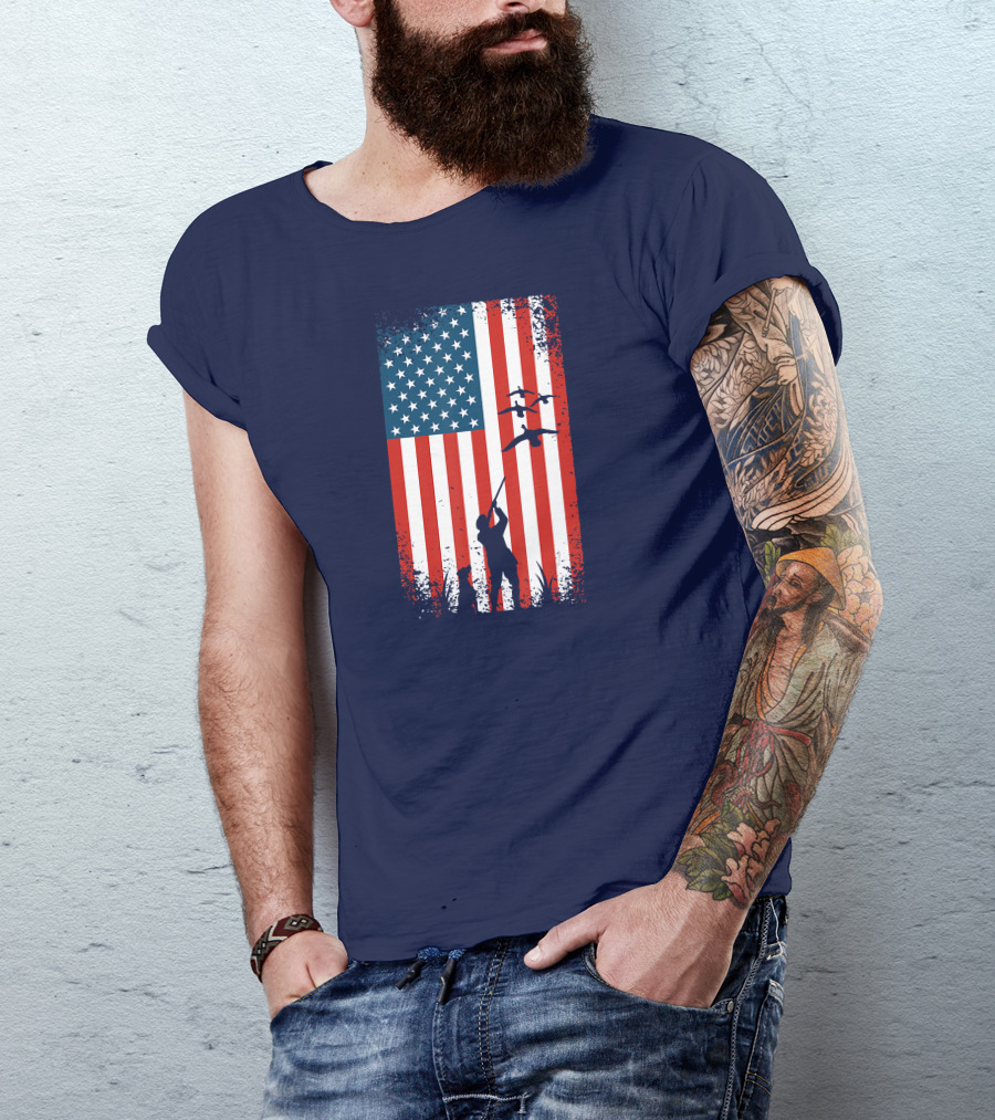 American Flag Hunter With Ducks T-Shirt
