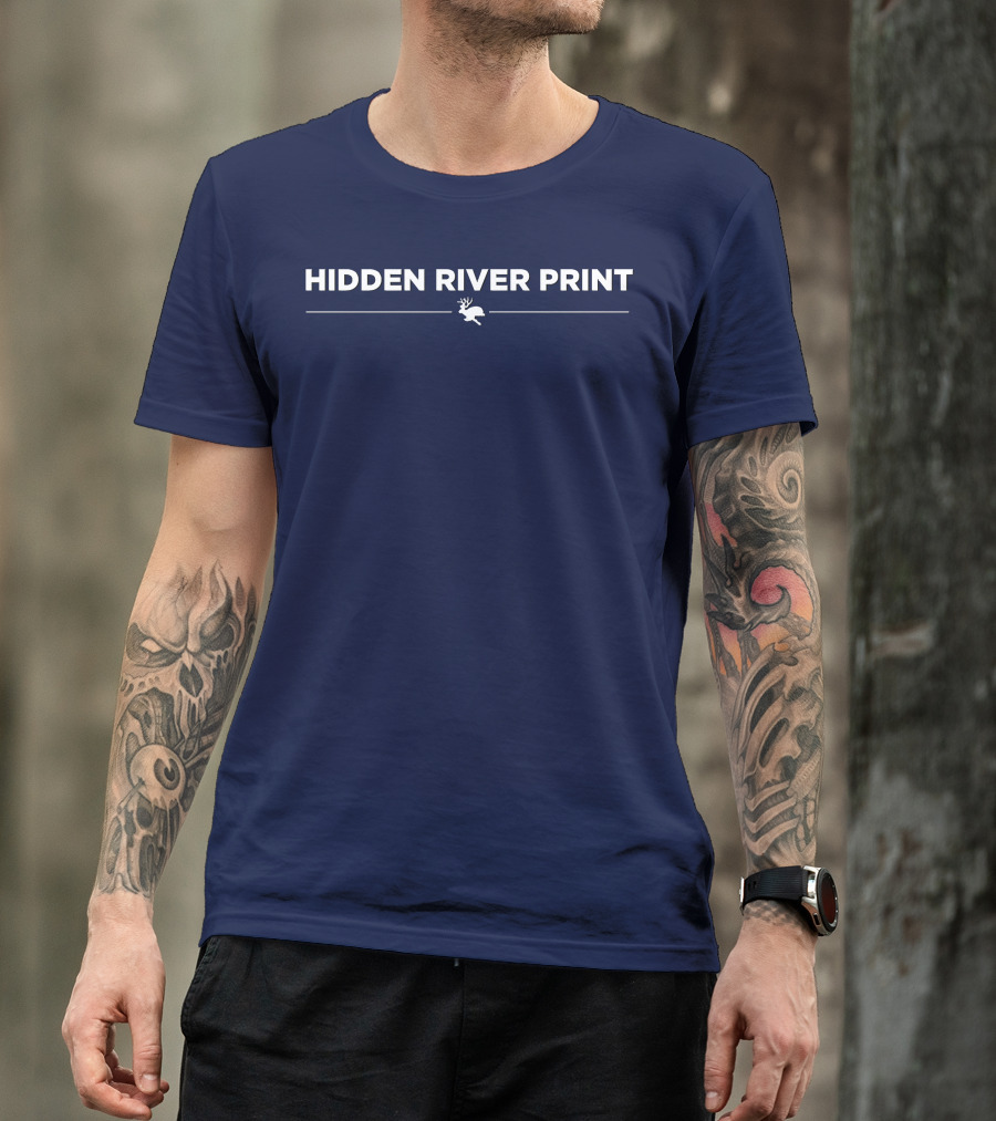 HIDDEN RIVER PRINT Deer Image Navy Background T-Shirt