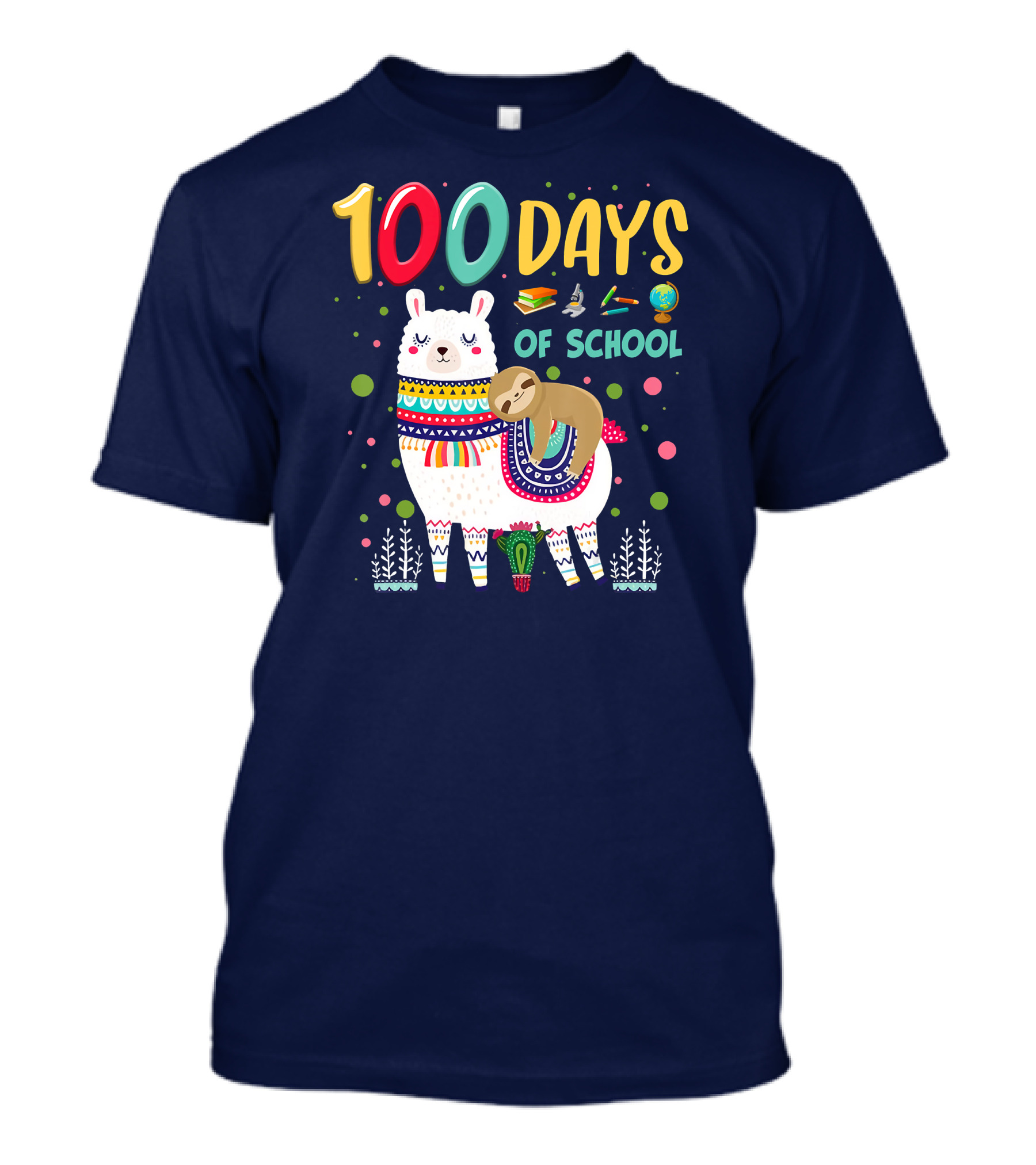 100 Days Of School Sloth On Llama With Books And Globe T-Shirt