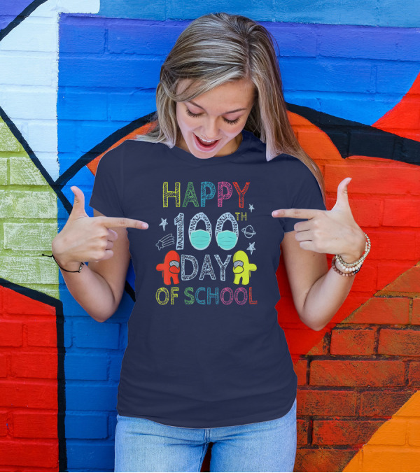 Happy 100th Day Of School Among Us Characters With Masks And Stars T-Shirt