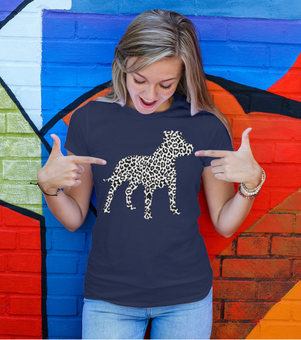Leopard Print Pit Bull Silhouette On Navy Background T-Shirt