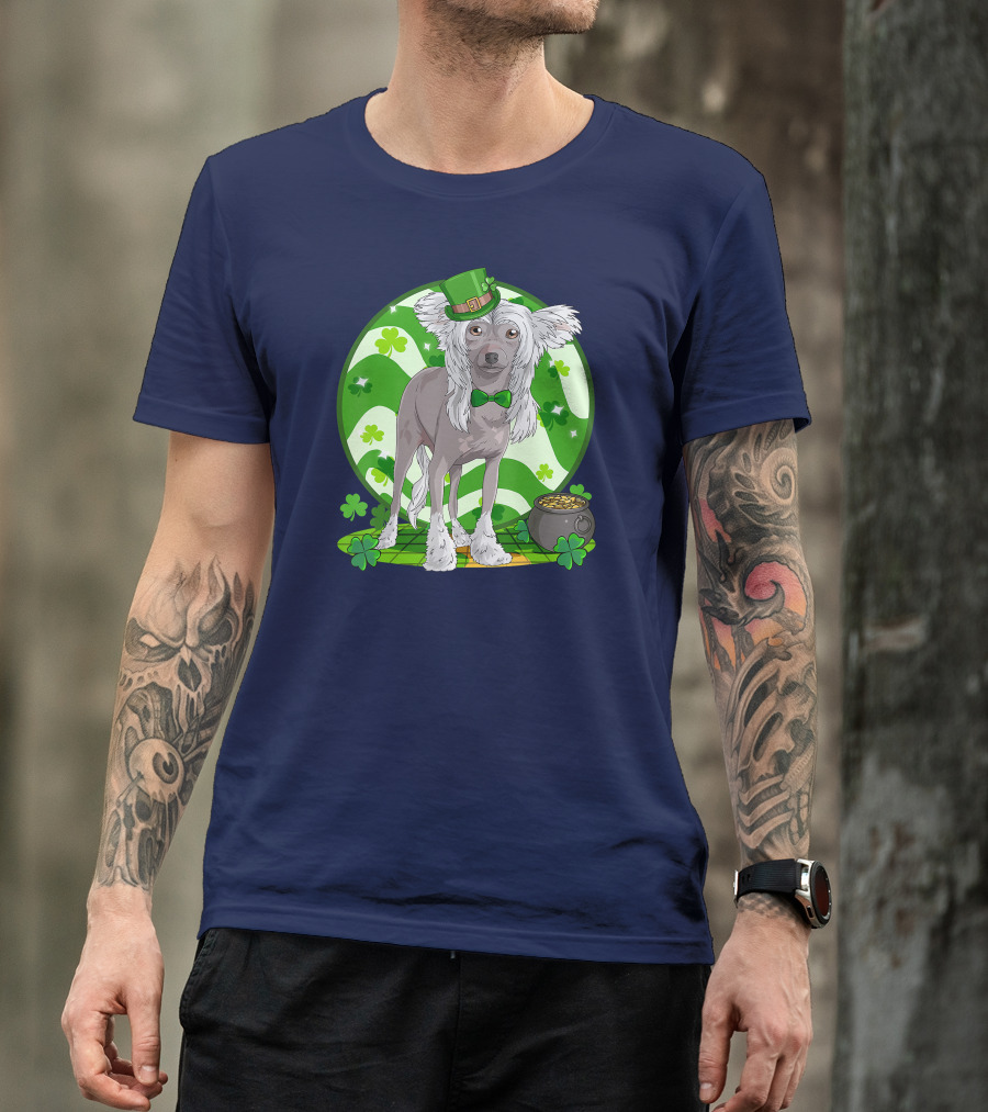 Chinese Crested Dog With Leprechaun Hat And Shamrocks For St Patrick's Day T-Shirt