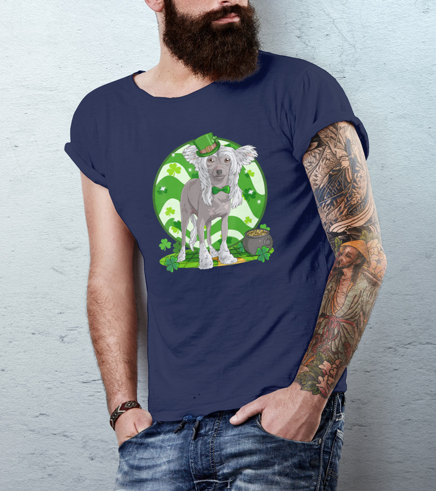 Chinese Crested Dog With Leprechaun Hat And Shamrocks For St Patrick's Day T-Shirt