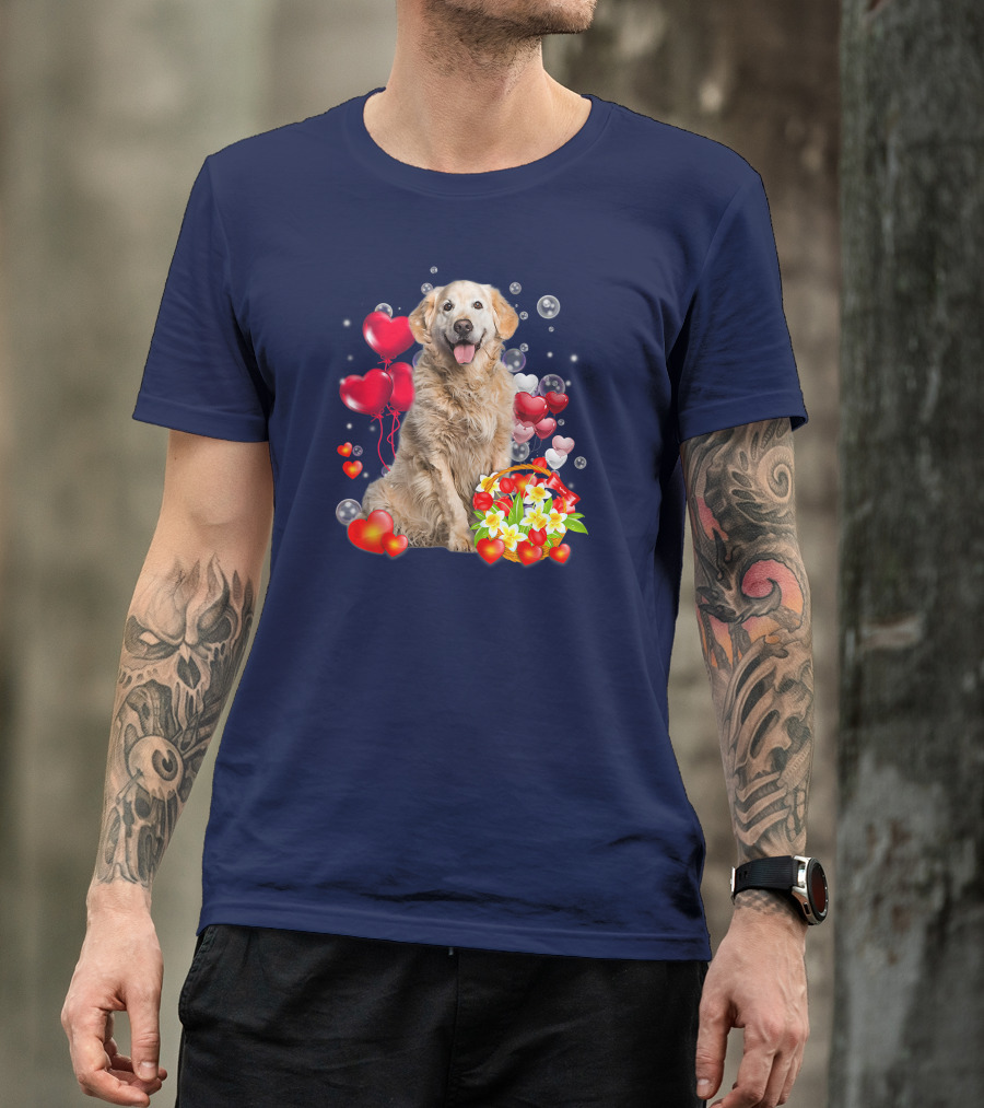 Golden Retriever Surrounded By Heart Balloons And Flowers T-Shirt