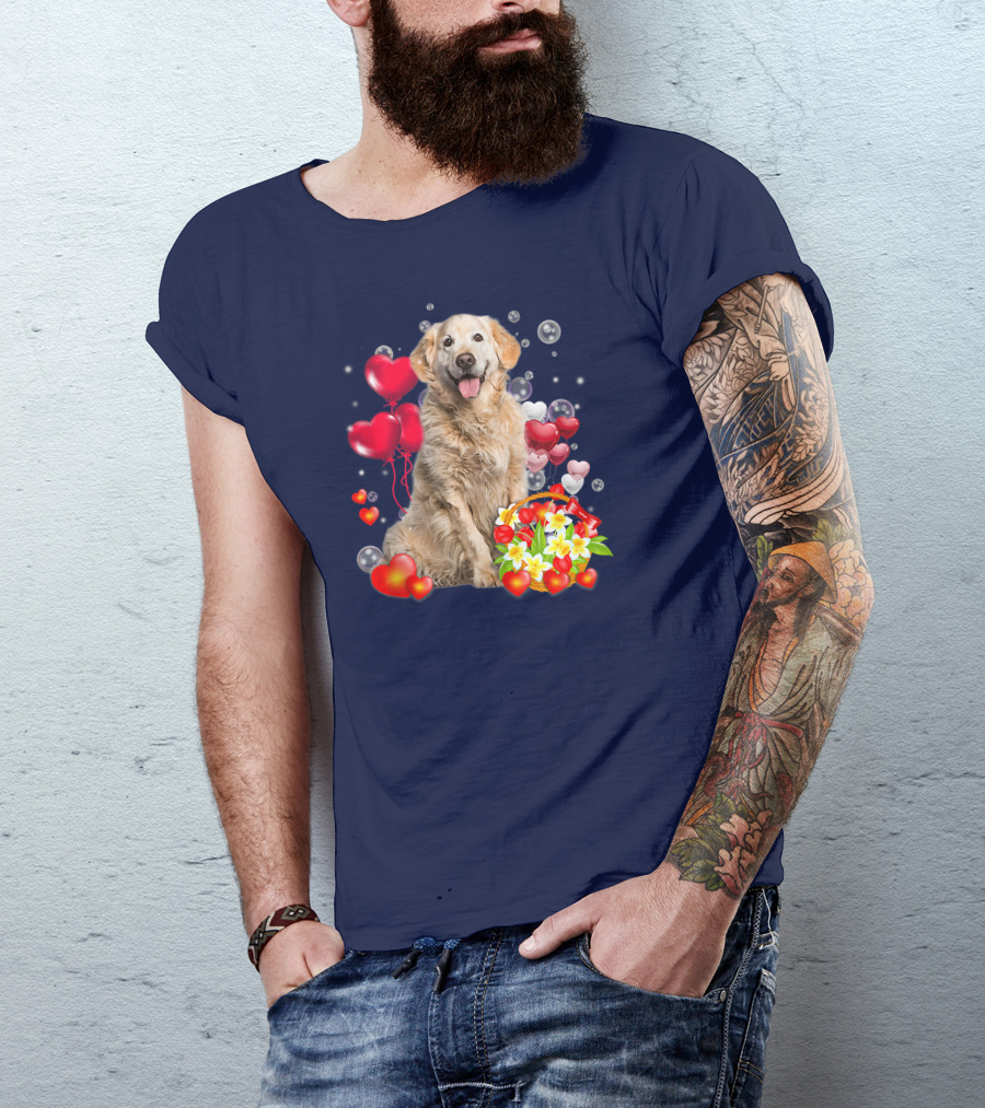 Golden Retriever Surrounded By Heart Balloons And Flowers T-Shirt
