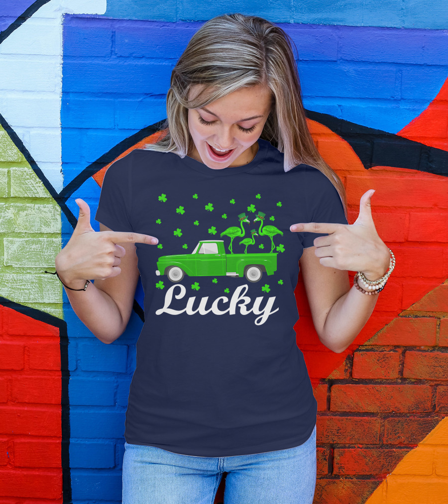 Lucky Flamingo St Patrick's Day Truck With Shamrocks T-Shirt