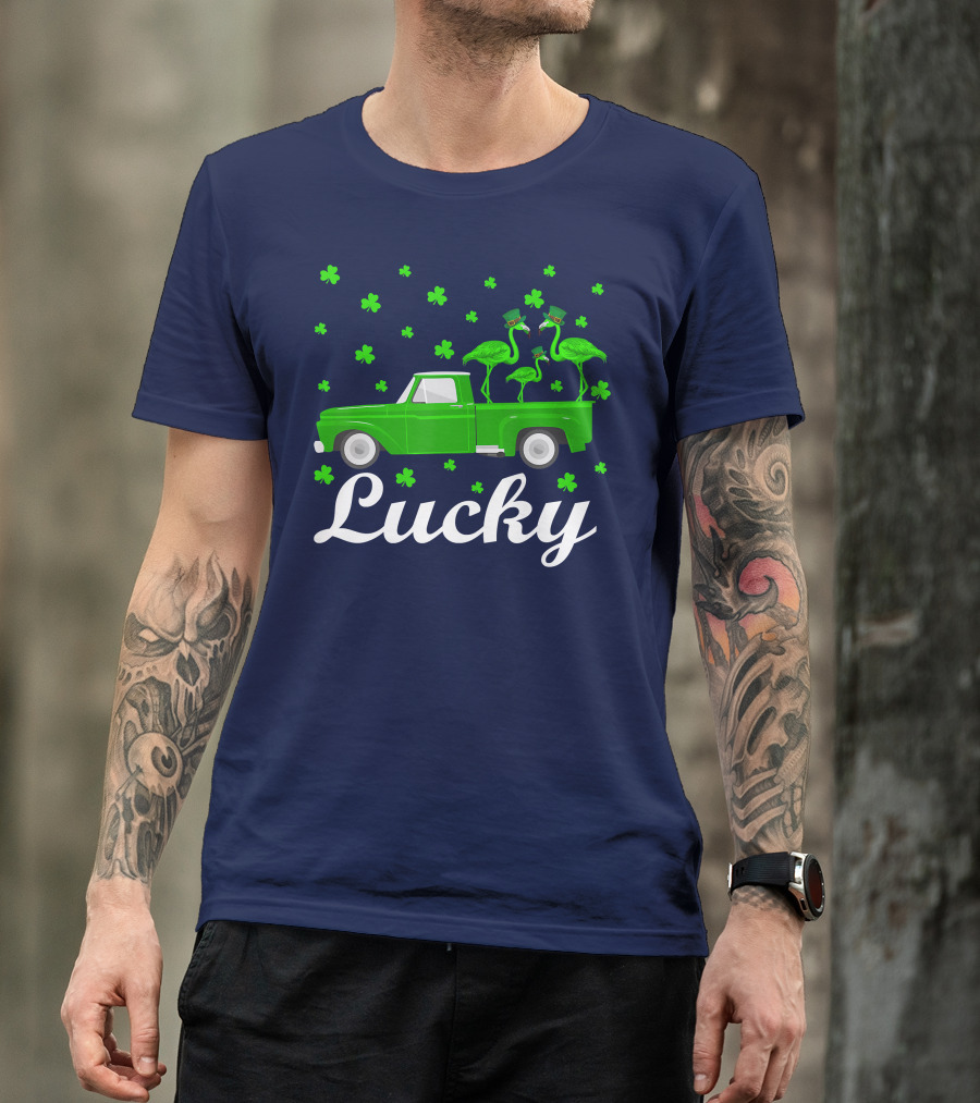 Lucky Flamingo St Patrick's Day Truck With Shamrocks T-Shirt