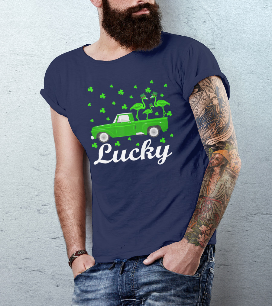 Lucky Flamingo St Patrick's Day Truck With Shamrocks T-Shirt
