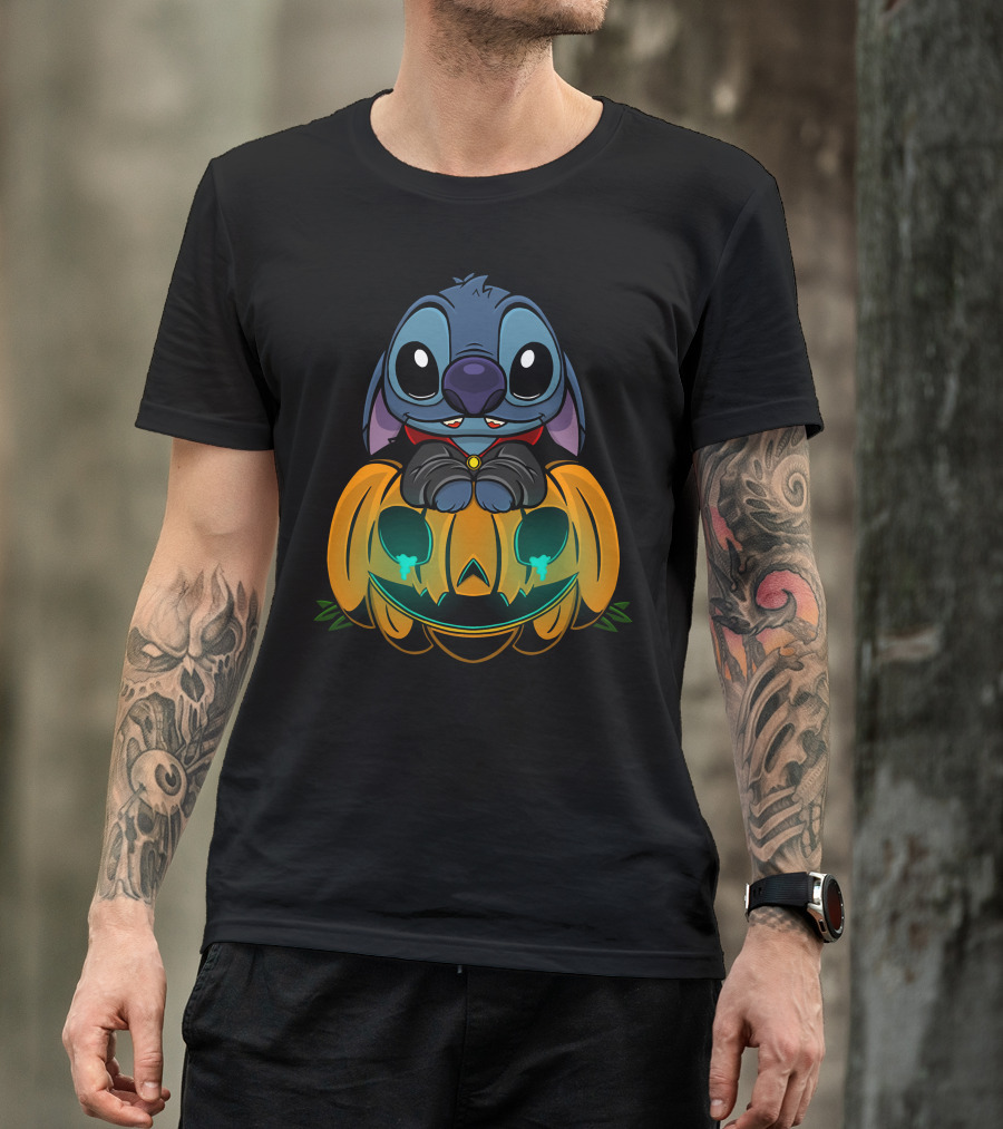 Cute Halloween Stitch With Glowing Pumpkin T-Shirt