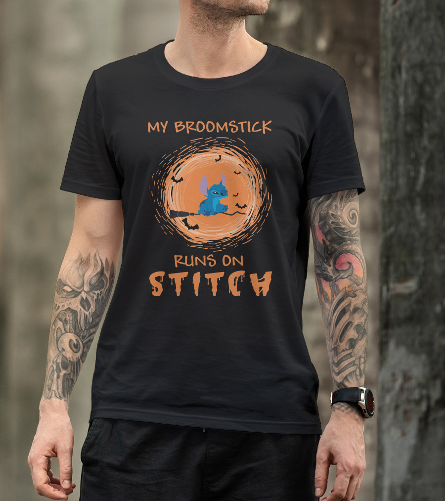My Broomstick Runs On Stitch Halloween Bats Moon T-Shirt