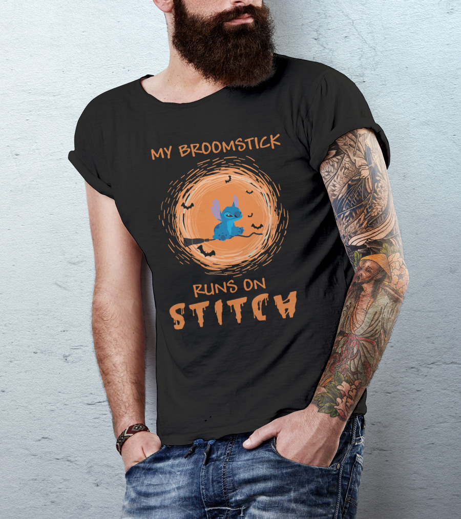 My Broomstick Runs On Stitch Halloween Bats Moon T-Shirt