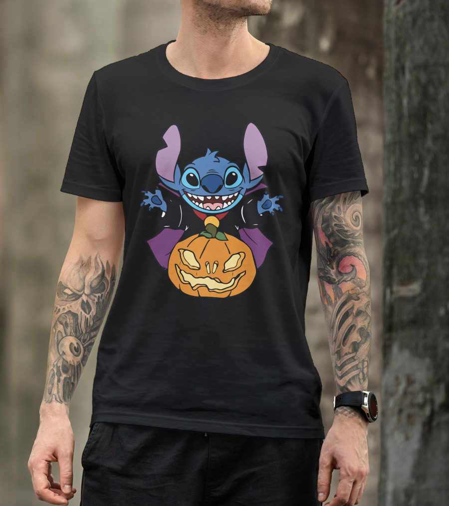 Cute Halloween Vampire Stitch Hugging Pumpkin T-Shirt