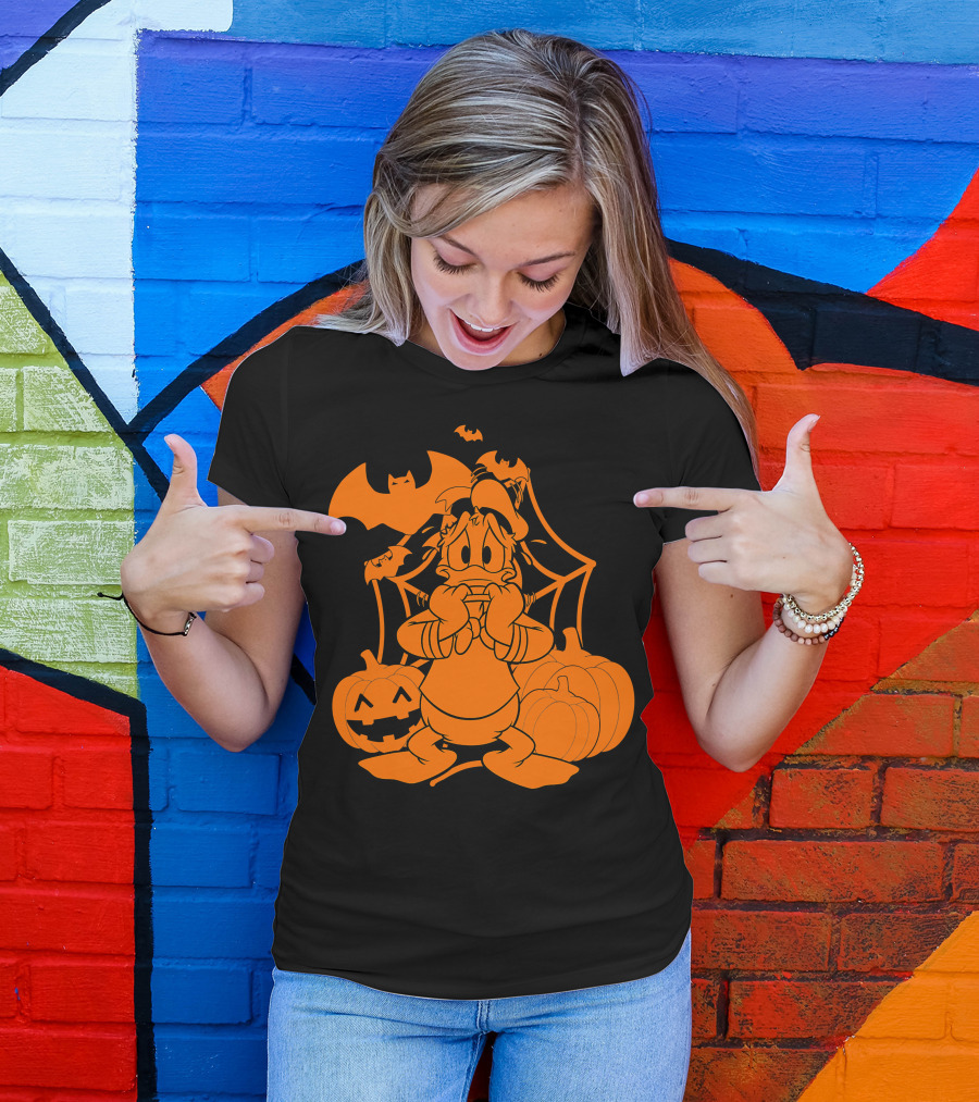 Donald Duck Halloween Pumpkins With Bat And Spider Webs T-Shirt