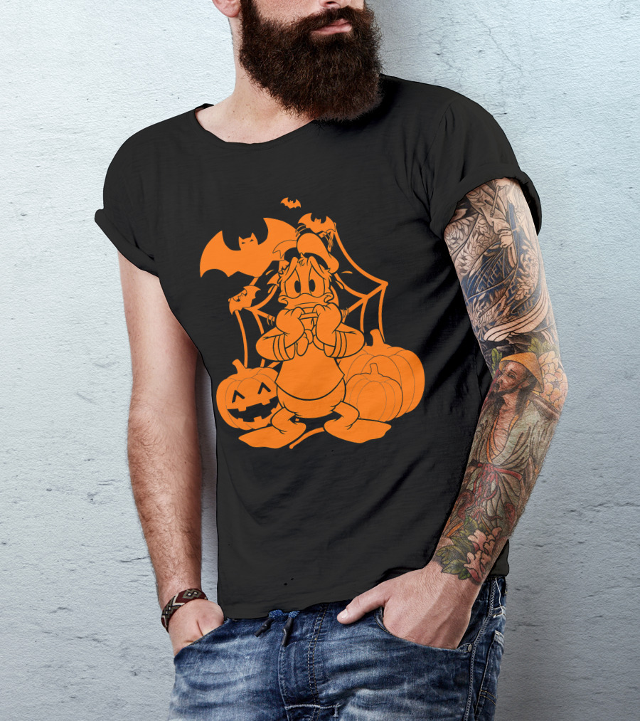Donald Duck Halloween Pumpkins With Bat And Spider Webs T-Shirt