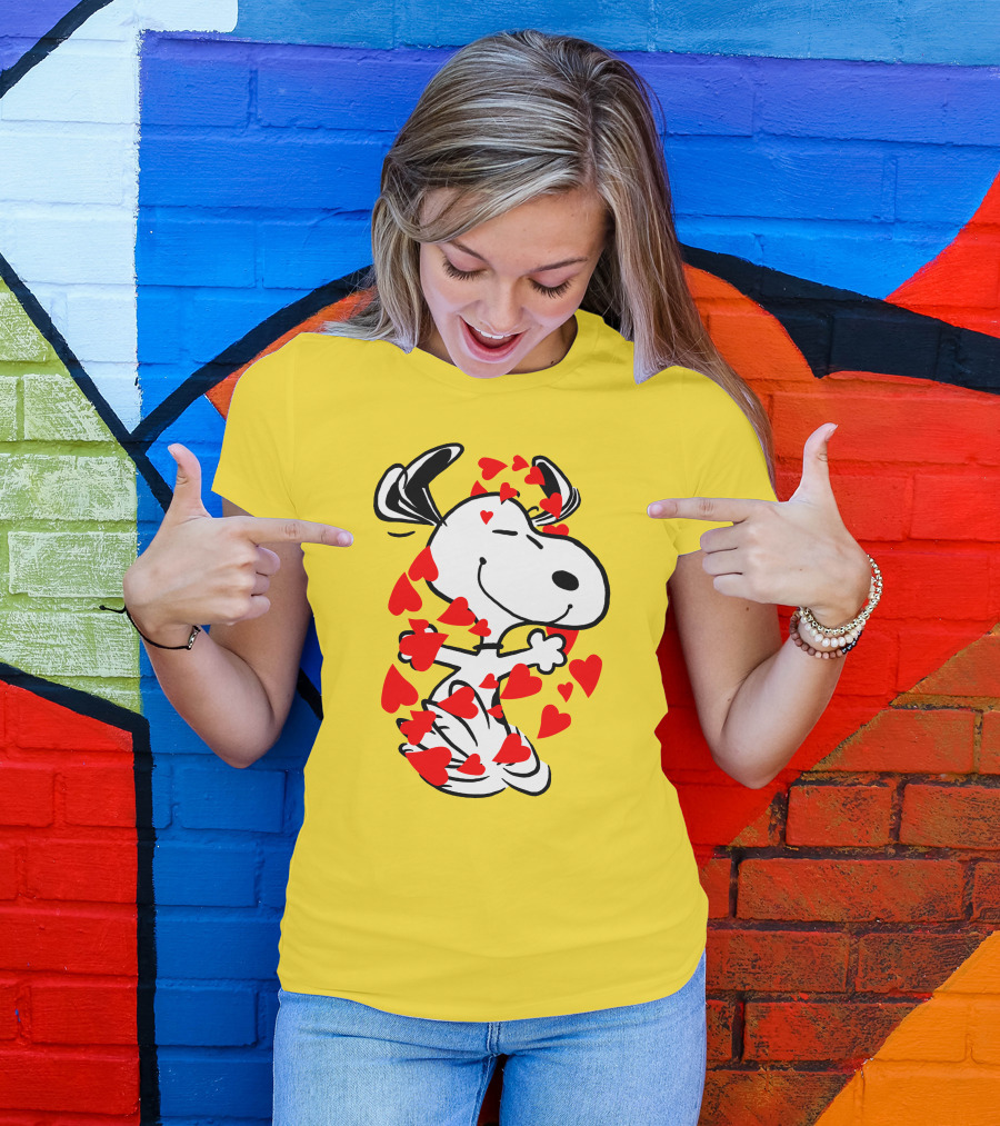 Snoopy Surrounded By Red Hearts Hugging Blissfully T-Shirt