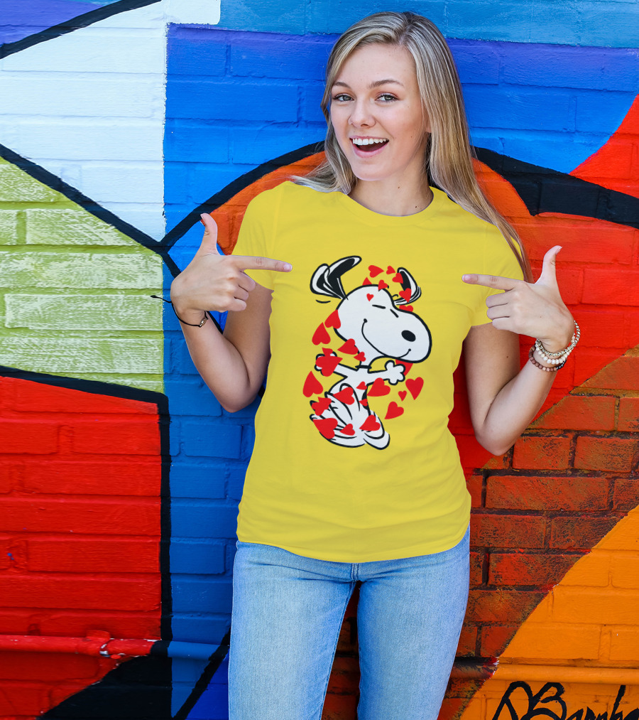 Snoopy Surrounded By Red Hearts Hugging Blissfully T-Shirt