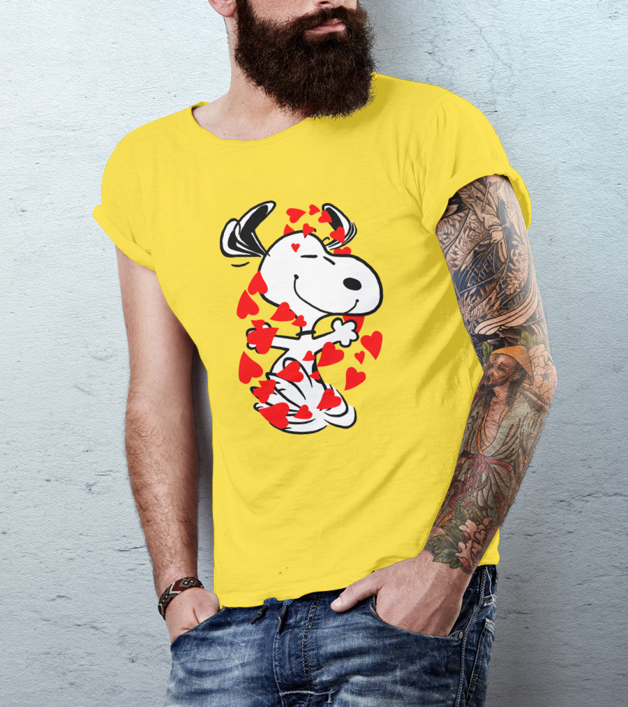 Snoopy Surrounded By Red Hearts Hugging Blissfully T-Shirt
