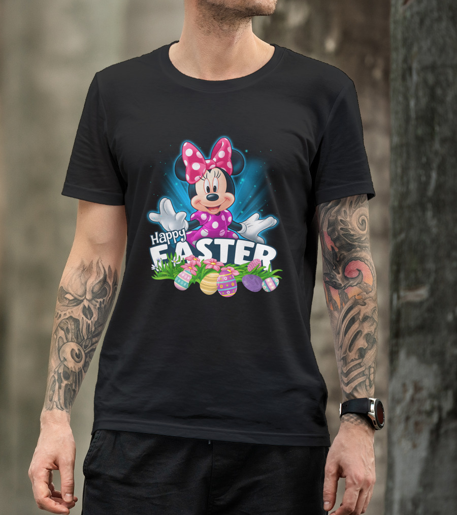 Minnie Mouse Happy Easter With Colorful Eggs And Flowers T-Shirt