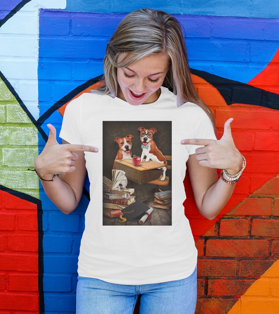 Pitbull Teacher Dogs With Books And Graduation Cap T-Shirt