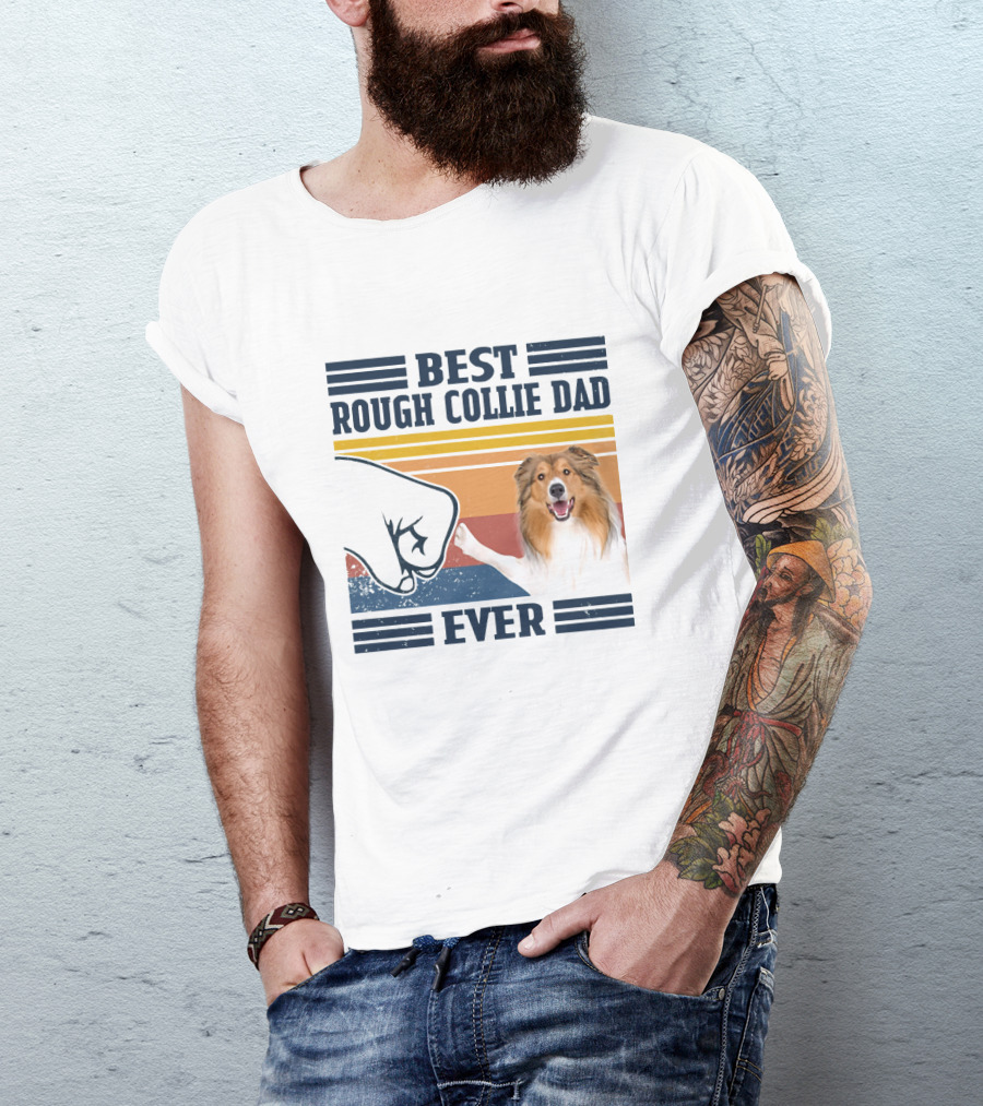 Best Rough Collie Dad Ever Fist Bump Retro Stripes T-Shirt
