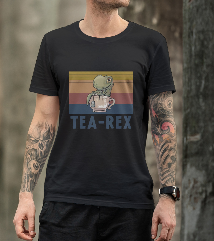 Tea Rex Dinosaur With Retro Sunset Cup T-Shirt