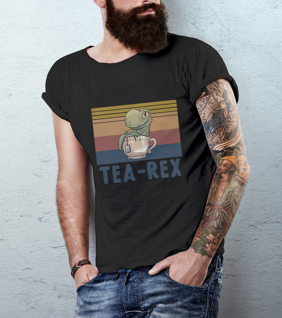 Tea Rex Dinosaur With Retro Sunset Cup T-Shirt