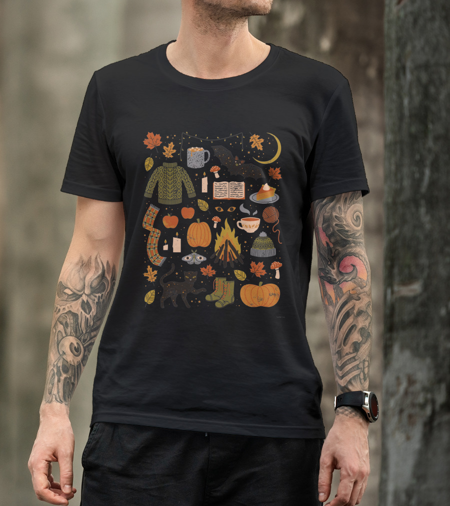 Autumn Nights Cozy Sweater Pumpkin Campfire Black Cat Moonlit Fall Leaves T-Shirt