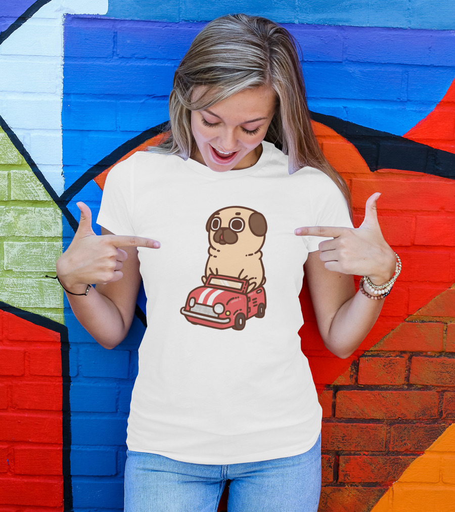 Cute Funny Puglie Beep Beep Driving A Car T-Shirt