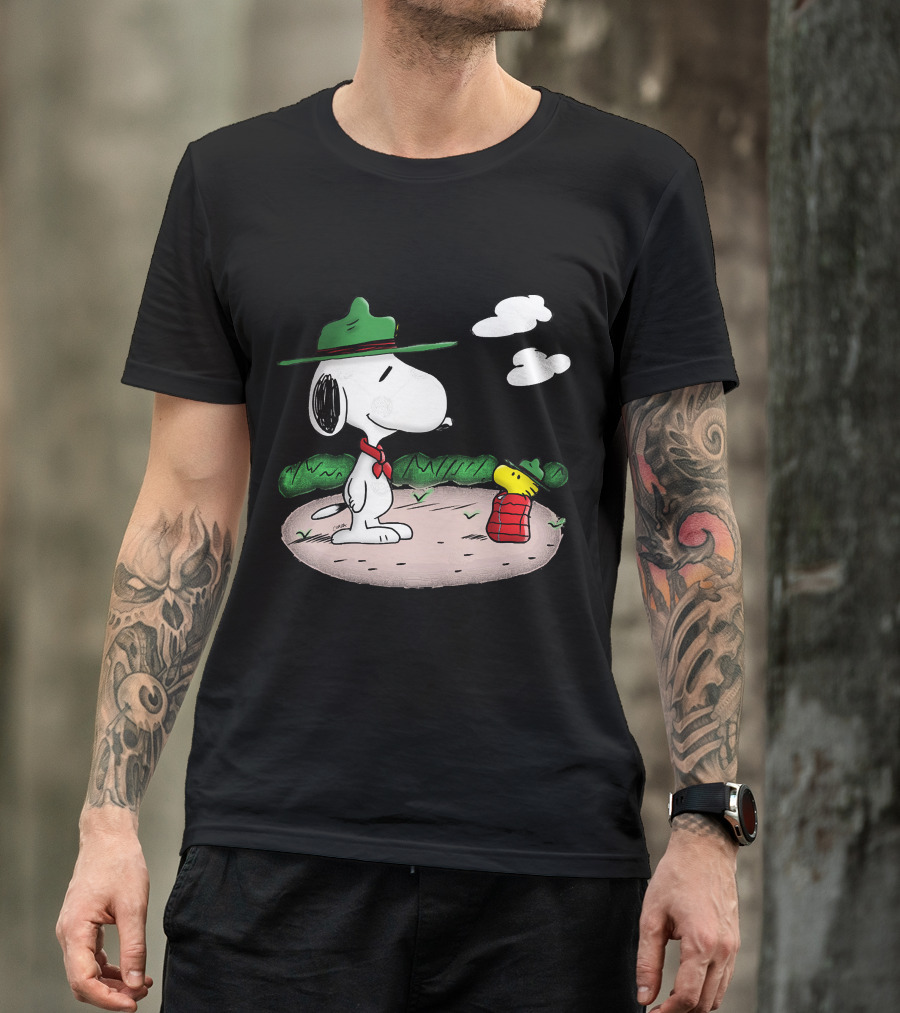Snoopy Woodstock Camping Adventure With Green Hats And Red Scarf T-Shirt