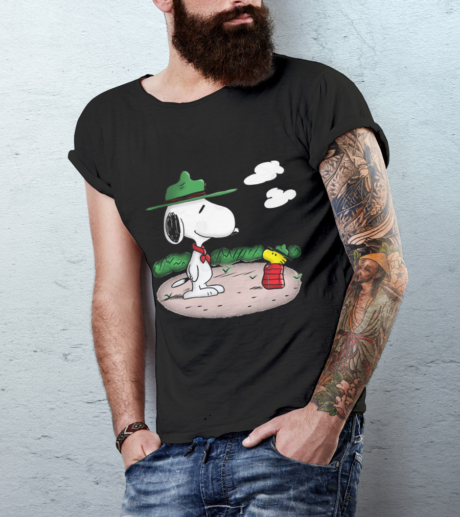 Snoopy Woodstock Camping Adventure With Green Hats And Red Scarf T-Shirt