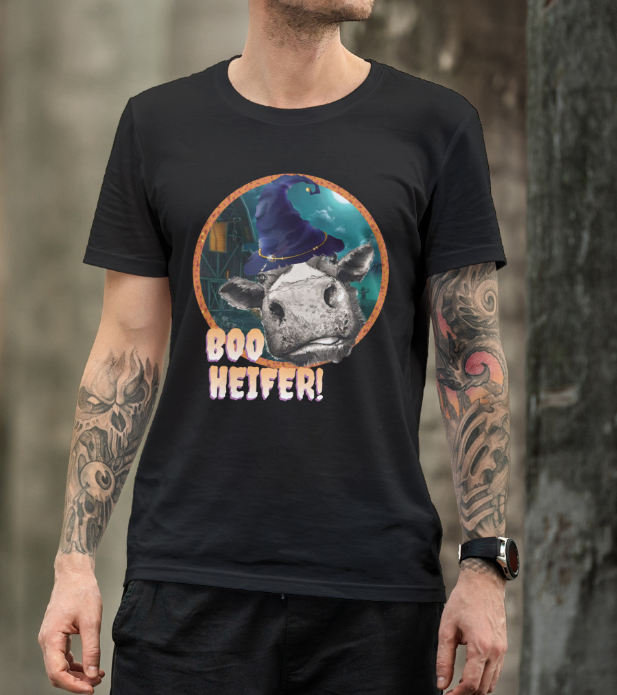 Boo Heifer Funny Halloween Cow Witch Farmer Lady With Hat And Farm Background T-Shirt