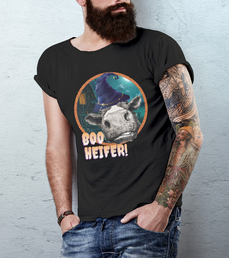 Boo Heifer Funny Halloween Cow Witch Farmer Lady With Hat And Farm Background T-Shirt