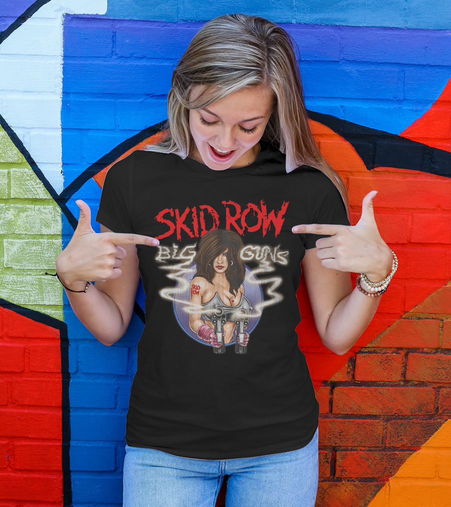 Skid Row Big Guns Heavy Metal Fan Art With Smoking Pistols Motif T-Shirt