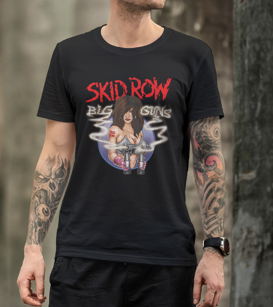 Skid Row Big Guns Heavy Metal Fan Art With Smoking Pistols Motif T-Shirt