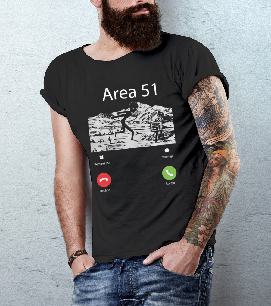 Area 51 Alien Running Desert Landscape With Call Options Remind Me Message Decline Accept T-Shirt