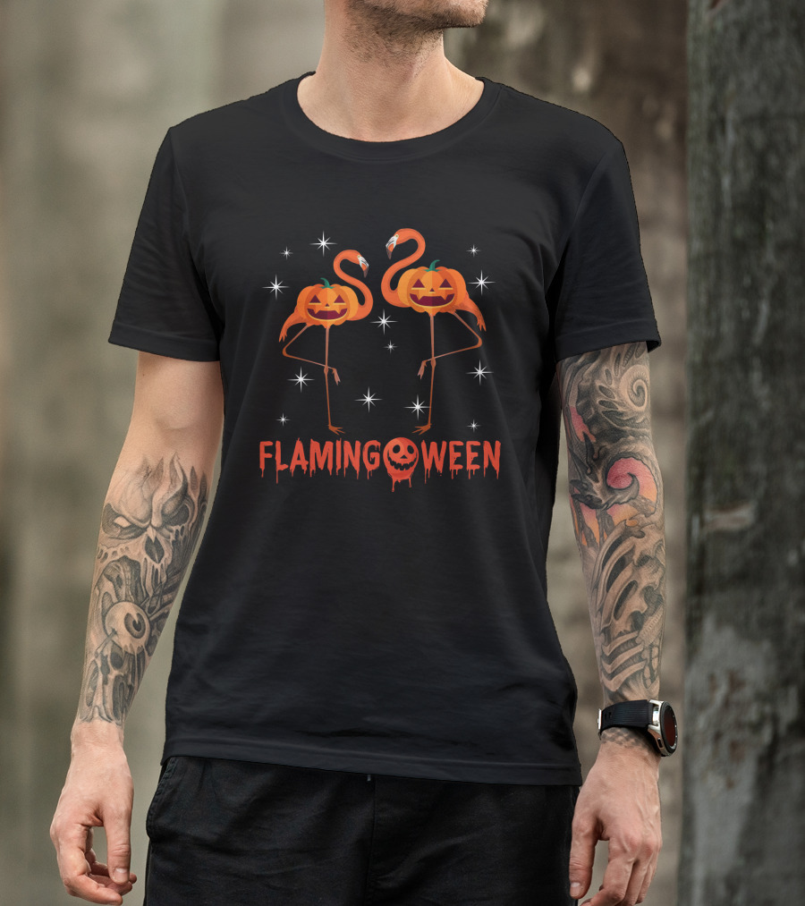 Flamingoween Funny Flamingos With Pumpkin Heads And Stars T-Shirt