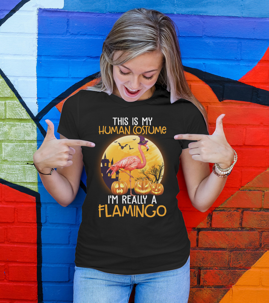 This Is My Human Costume I'm Really A Flamingo Halloween Witch With Pumpkins And Bats T-Shirt