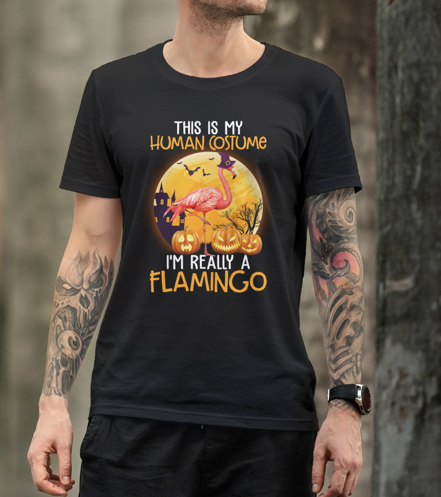 This Is My Human Costume I'm Really A Flamingo Halloween Witch With Pumpkins And Bats T-Shirt