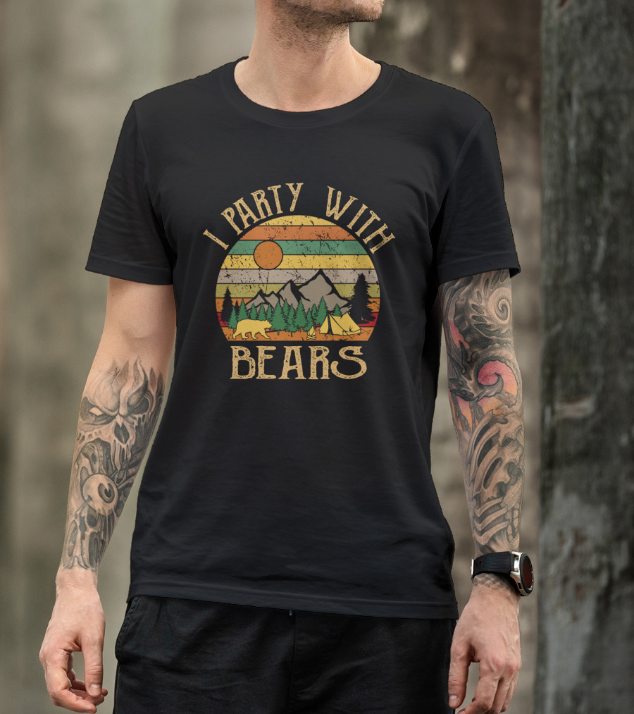 I Party With Bears Retro Sunset Camping Adventure Scene T-Shirt