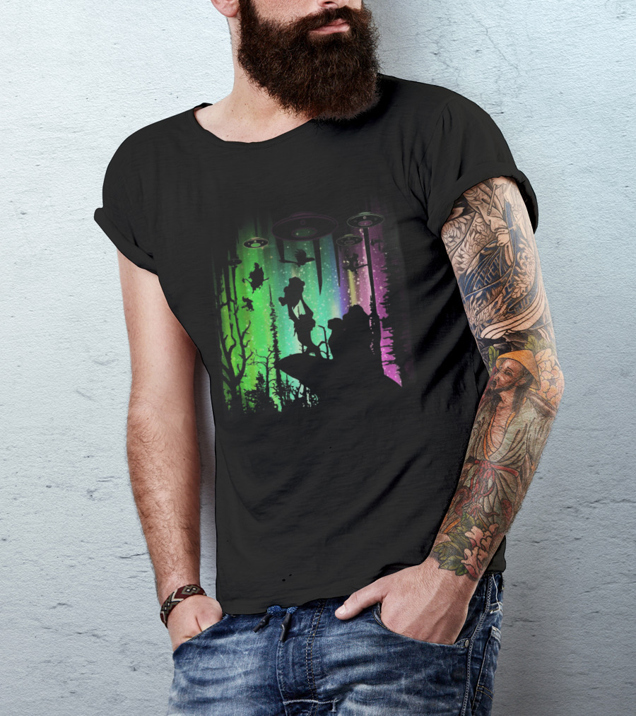 The Lion King Silhouette With UFOs And Aurora In Storm Area Scene T-Shirt