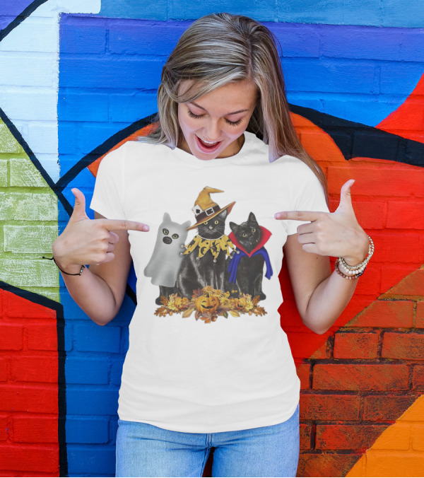 Black Cat Witch Boo Vampire Halloween With Pumpkins And Ghost Costume T-Shirt
