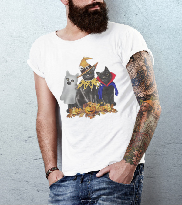 Black Cat Witch Boo Vampire Halloween With Pumpkins And Ghost Costume T-Shirt