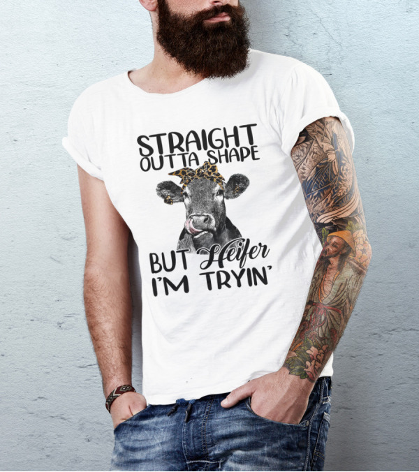 Straight Outta Shape Heifer Fitness Humor With Leopard Headscarf T-Shirt