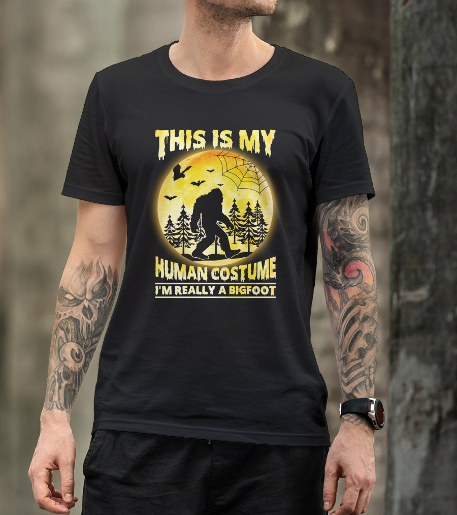 Bigfoot Silhouette In Moonlit Forest With Web And Bats - This Is My Human Costume I'm Really A Bigfoot T-Shirt