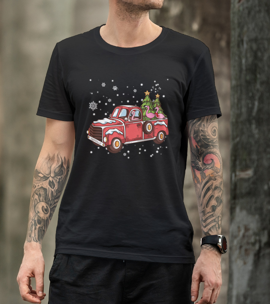 Christmas Flamingos Riding In Red Truck With Snowflakes And Christmas Trees T-Shirt