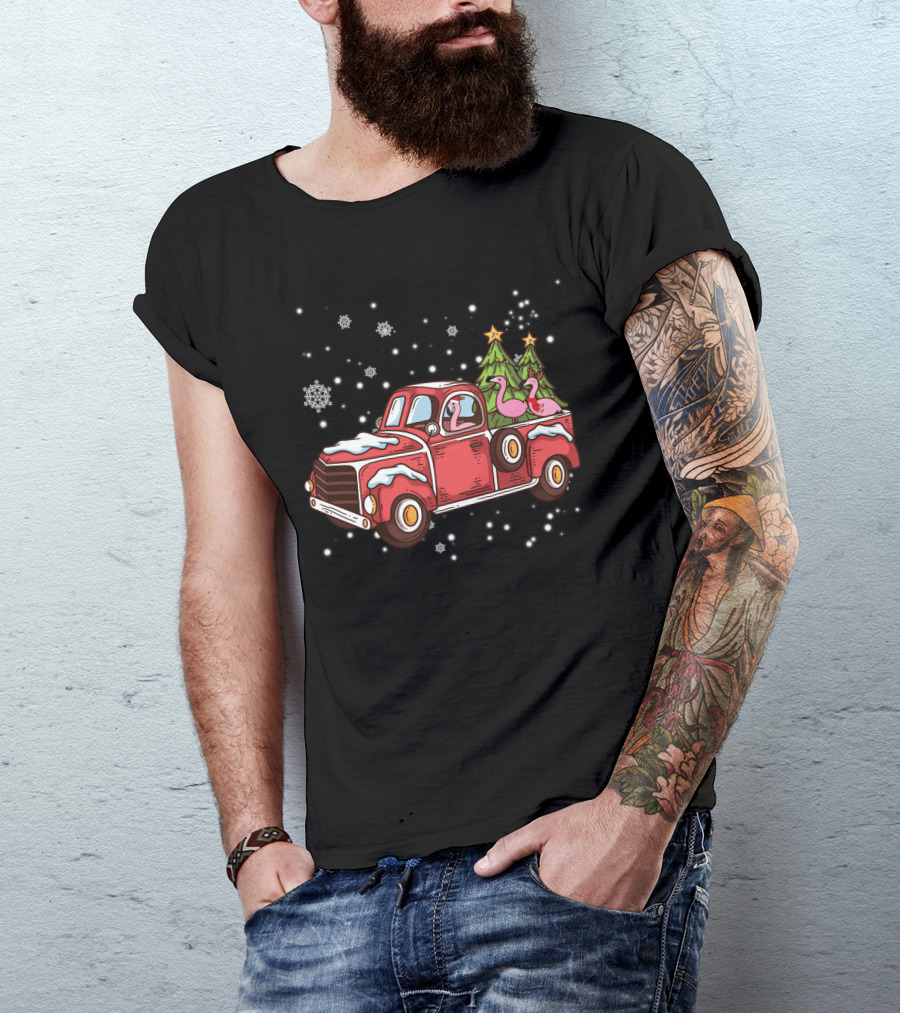 Christmas Flamingos Riding In Red Truck With Snowflakes And Christmas Trees T-Shirt
